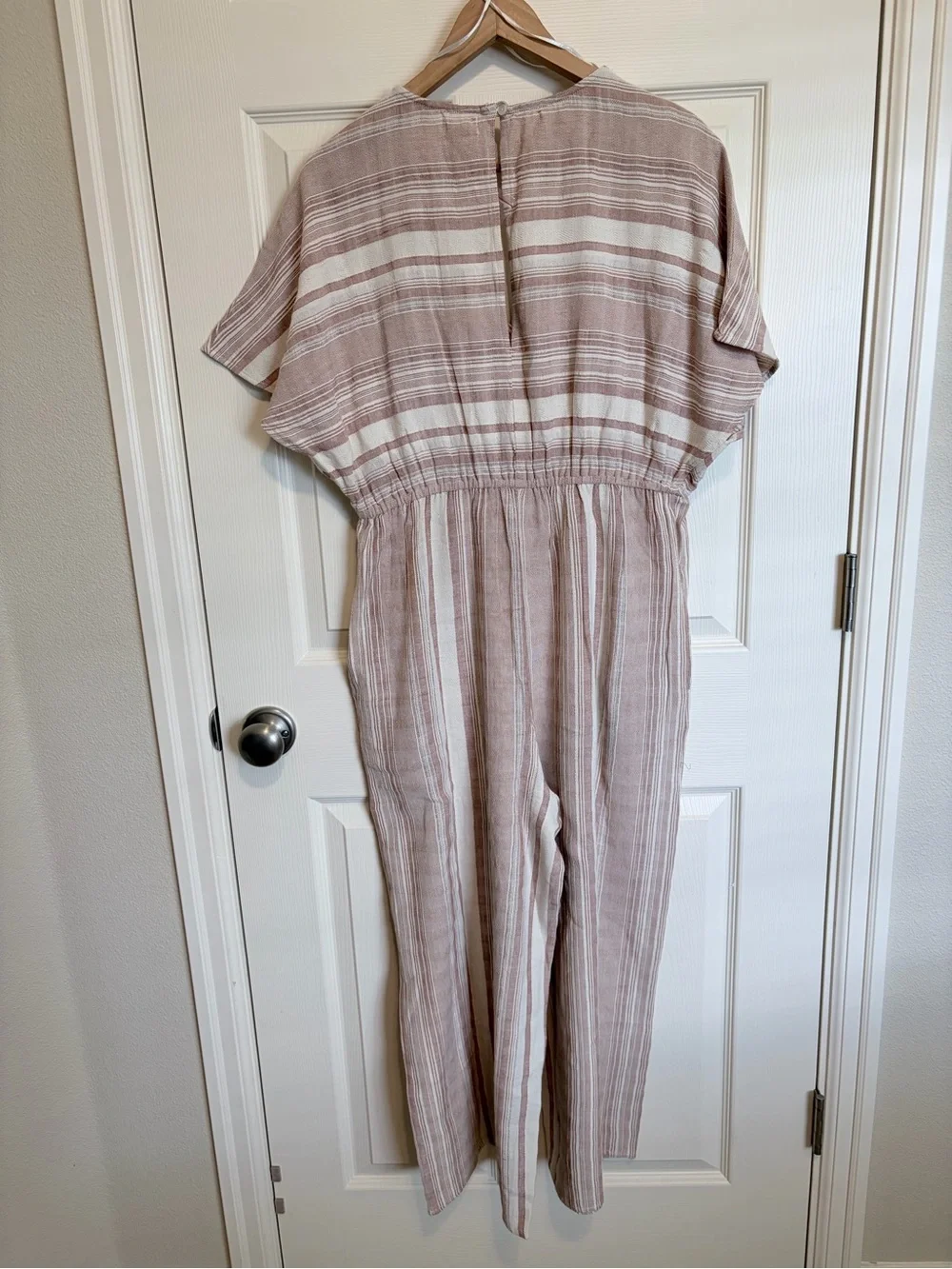 World Market Beige and White Striped Jumpsuit L/XL